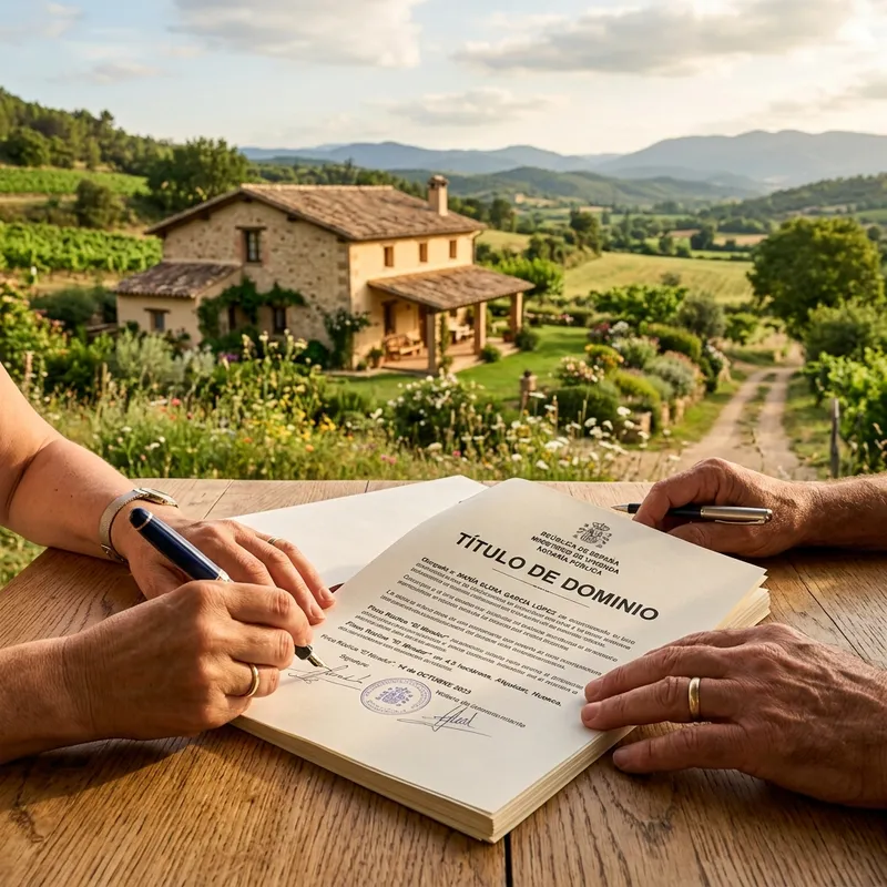 Personas firmando un título de dominio con una vivienda al fondo