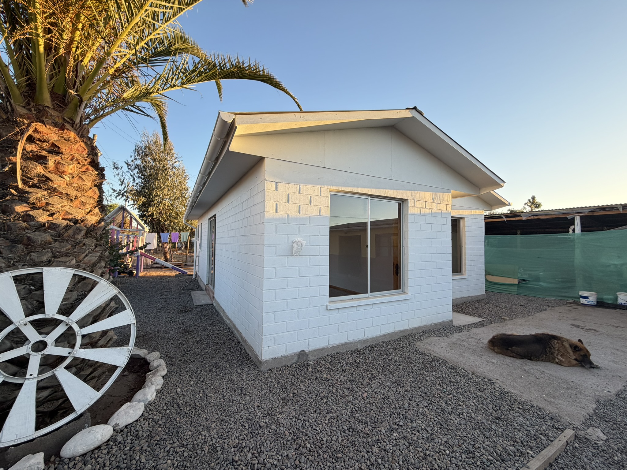 Vivienda blanca terminada junto a una palmera